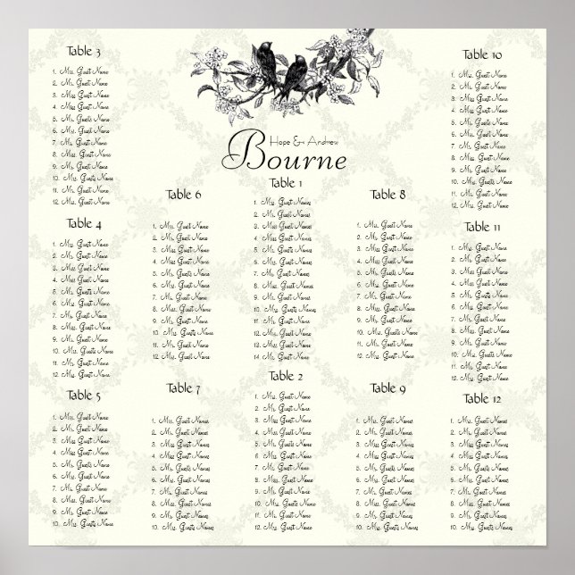 Ivory Vintage Birds Seating Chart 12 Tables (Front)