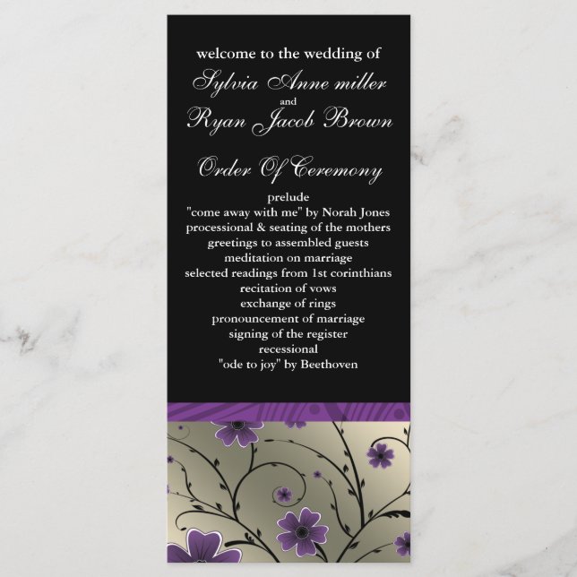 ivory violet  and black floral Wedding program Programme (Front)