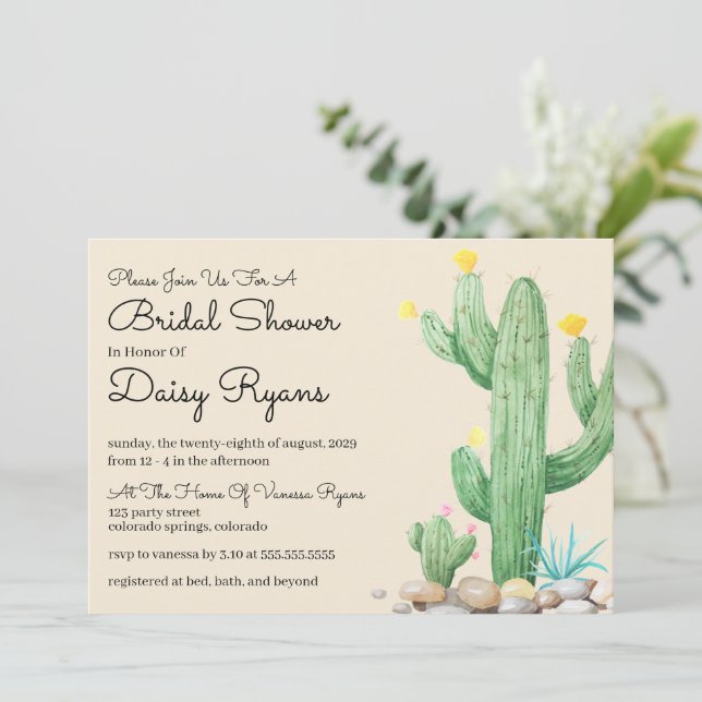 Ivory Watercolor Cactus Bridal Shower Invitation (Standing Front)