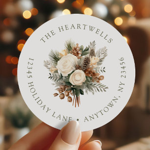 Ivory Watercolor Floral Christmas Return Address Classic Round Sticker