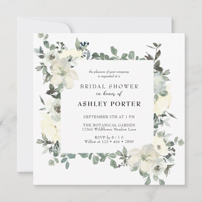 Ivory Watercolor | Floral Eucalyptus Bridal Shower Invitation (Front)