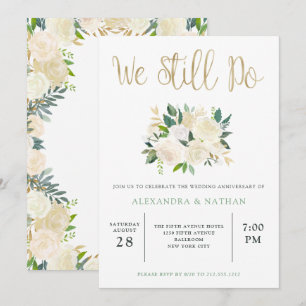 Ivory Watercolor Floral   Gold Wedding Anniversary Invitation