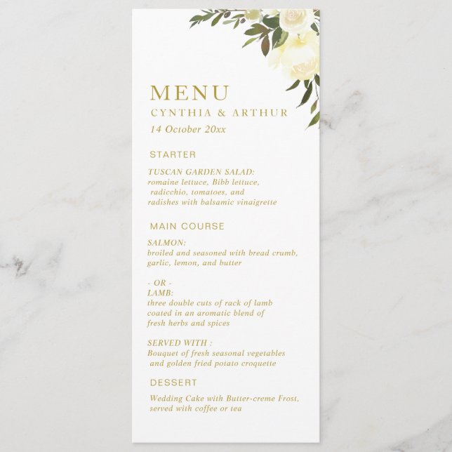 ivory watercolor floral greenery wedding menu (Front)