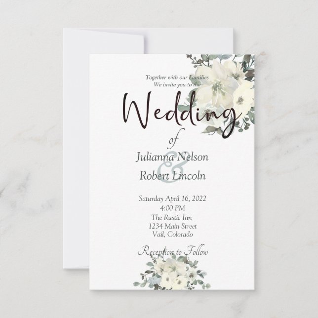 Ivory watercolor floral wedding invitation (Front)