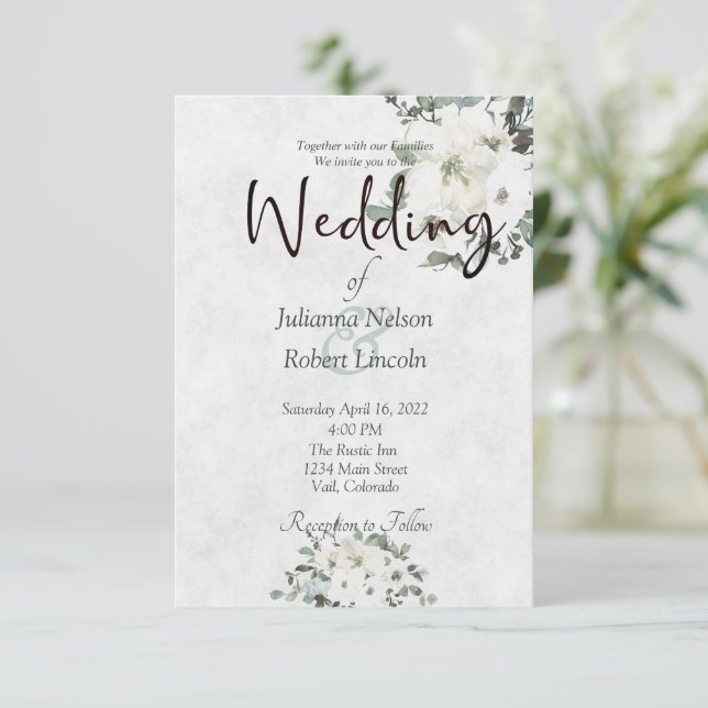 Ivory watercolor floral wedding invitation (Standing Front)