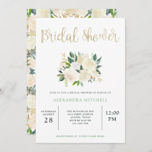 Ivory Watercolor Floral with Gold   Bridal Shower Invitation