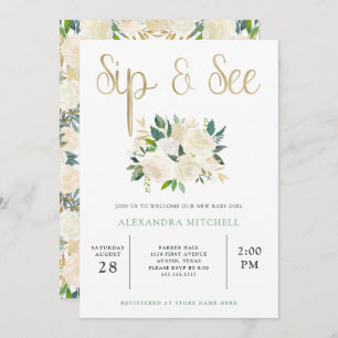 Ivory Watercolor Floral with Gold Sip and See Invitation