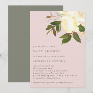 Ivory Watercolor Florals on Blush Baby Shower Invitation