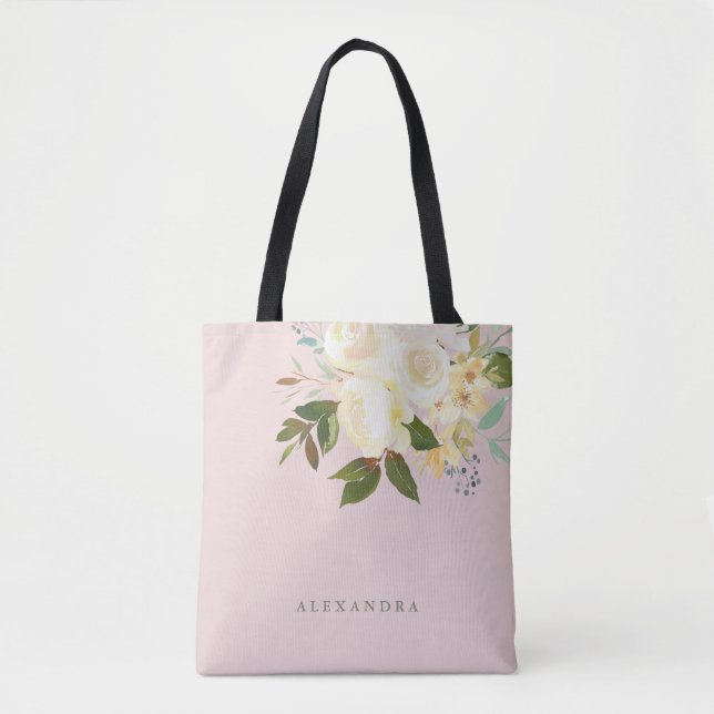Ivory Watercolor Florals on Blush Tote Bag (Front)