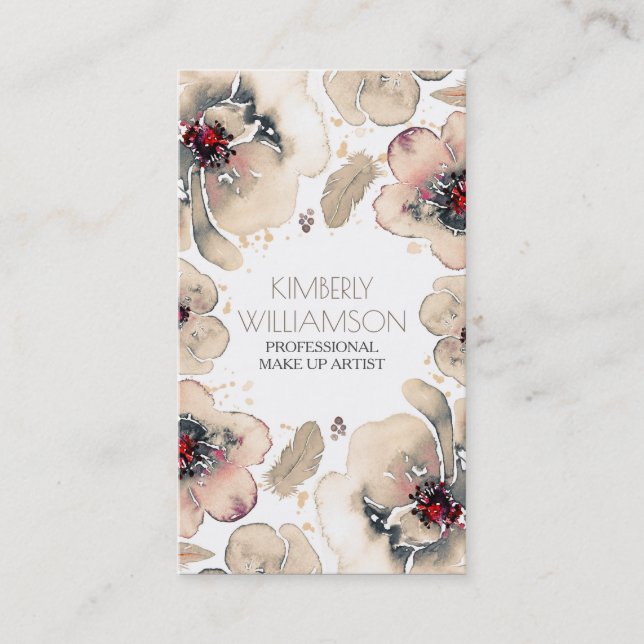 Ivory Watercolor Flowers Boho Feathers Wreath Business Card (Front)