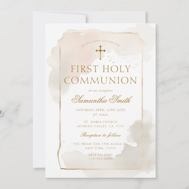 Ivory Watercolor Gold Cross First Holy Communion Invitation (Front)