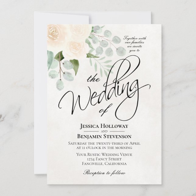 Ivory Watercolor Roses & Eucalyptus Boho Wedding Invitation (Front)