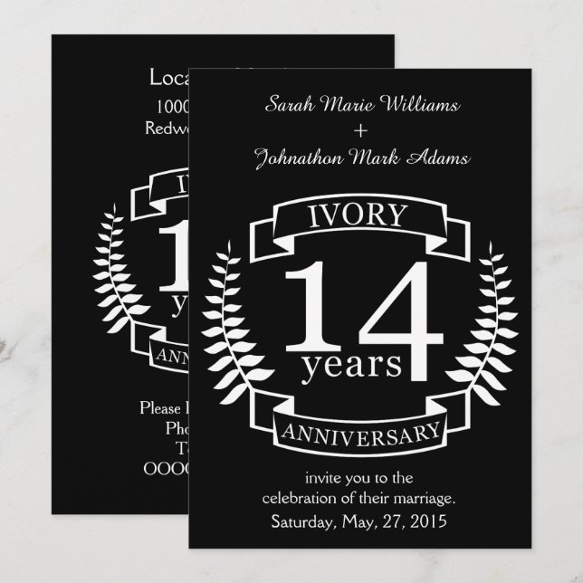 Ivory wedding anniversary 14 years invitation (Front/Back)