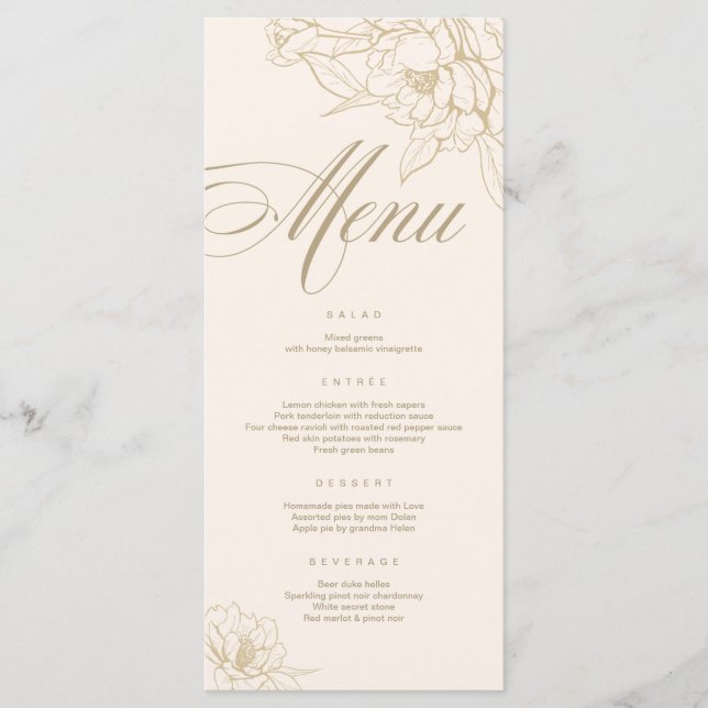 Ivory Wedding Menu card, with gold floral Peony (Front)