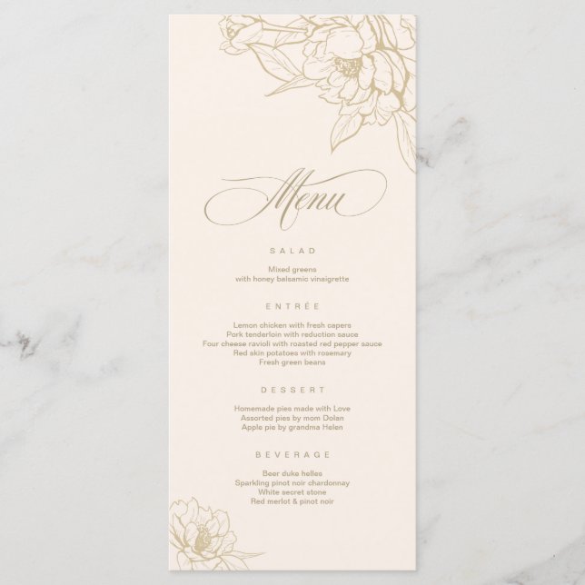 Ivory Wedding Menu card, with gold floral Peony (Front)