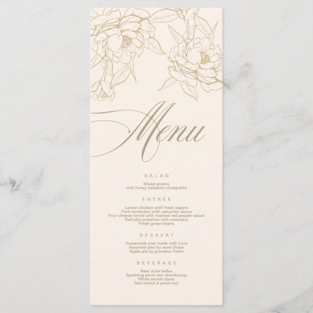 Ivory Wedding Menu card, with gold floral Peony (Front)