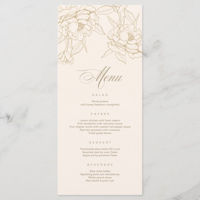 Ivory Wedding Menu card, with gold floral Peony (Front)