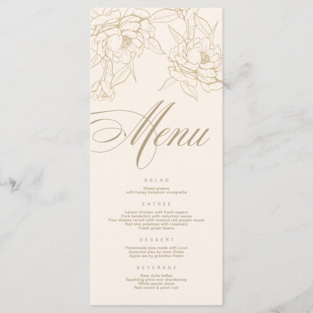 Ivory Wedding Menu card, with gold floral Peony (Front)