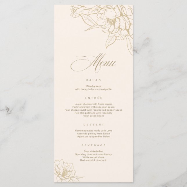 Ivory Wedding Menu card, with gold floral Peony (Front)