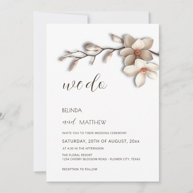 Ivory White 3D Magnolia Flower Wedding Invitation (Front)