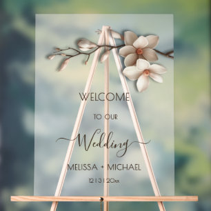 Ivory White 3D  Magnolia Flowers Wedding Welcome Acrylic Sign