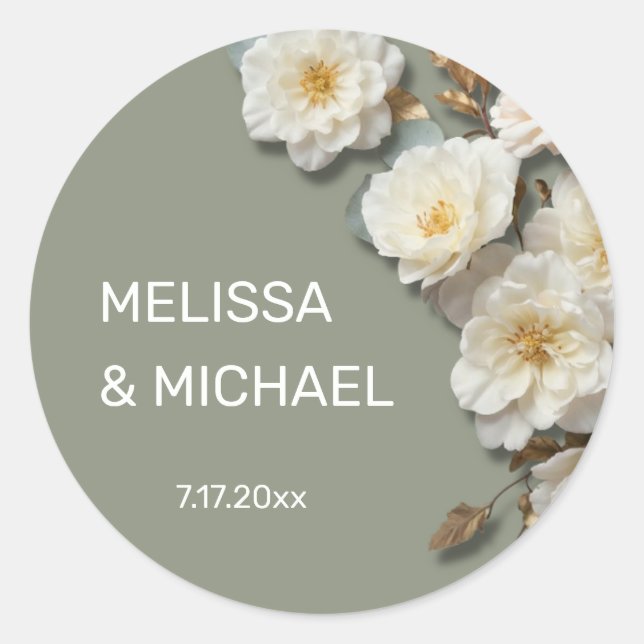 Ivory White 3D Roses Wedding Classic Round Sticker (Front)