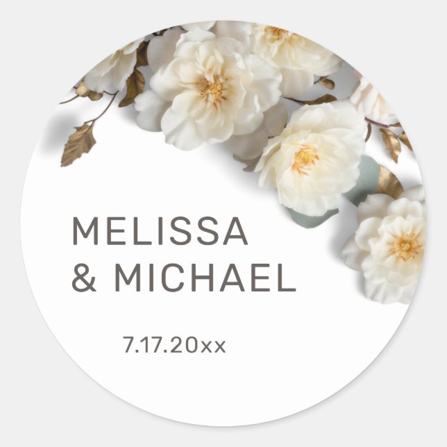 Ivory White 3D Roses Wedding Classic Round Sticker (Front)