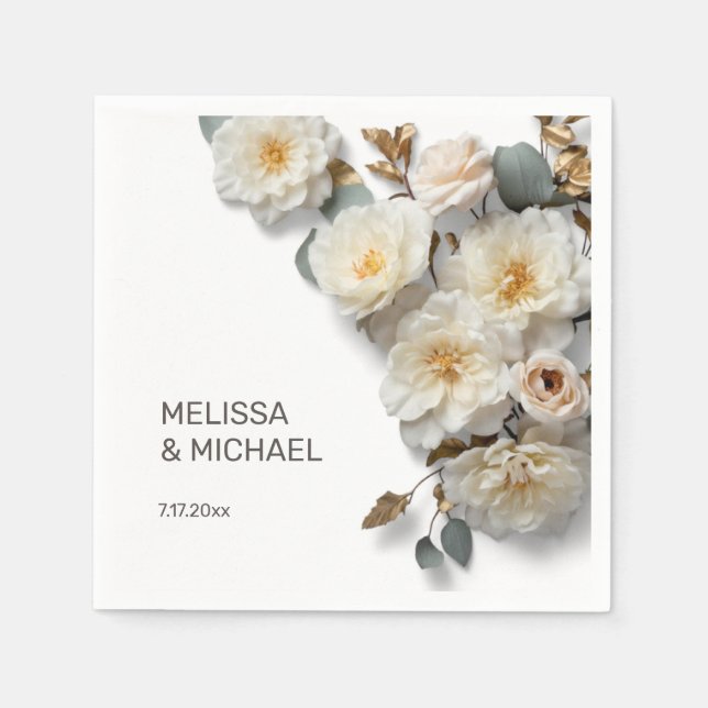 Ivory White 3D Roses Wedding Napkin (Front)