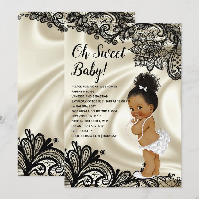Ivory White and Black-Lace Baby Girl Shower Invitation (Front/Back)