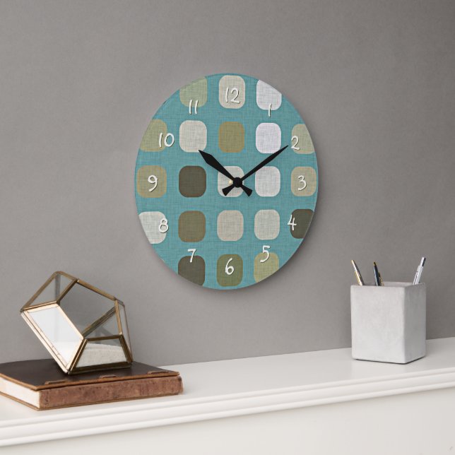 Ivory White Beige Teal Blue Round Squares Pattern Large Clock (Office)