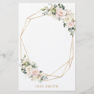 Ivory White Blush Pink Floral Gold Geometric Note Stationery