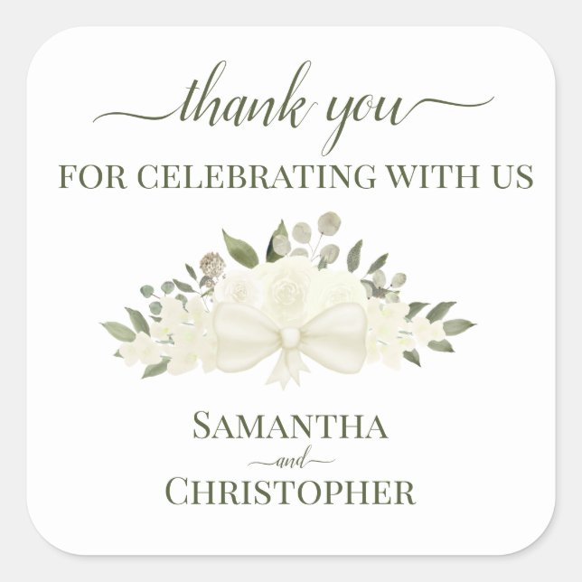 Ivory White Boho Floral Bouquet Wedding Thank You Square Sticker (Front)