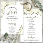 Ivory White Boho Floral Budget Wedding Program<br><div class="desc">These wedding programs are elegant and tasteful, while still being budget friendly. The design features a bevy of hand painted watercolor roses and flowers in shades of ivory, white, and cream, surrounded by eucalyptus leaves and garden foliage. The typography features lacy script calligraphy, and there is room for details on...</div>
