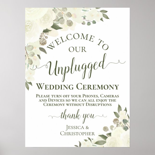 Ivory White Boho Floral Unplugged Wedding Ceremony Poster (Front)