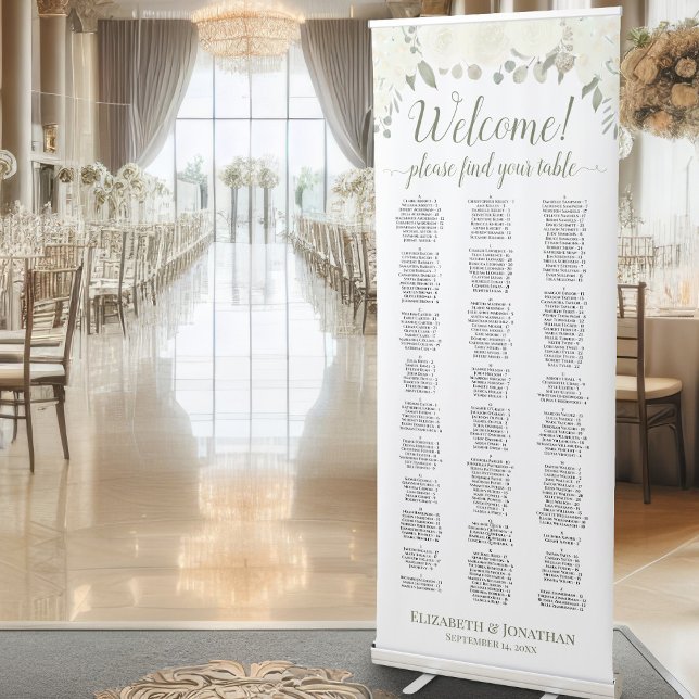 Ivory White Boho Roses Alphabetical Seating Chart Retractable Banner (At Reception)