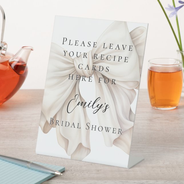 Ivory White Bow Bridal Shower Recipe Card Sign (In SItu)
