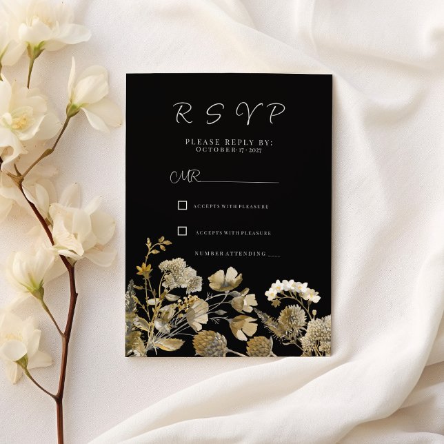 Ivory white brown black wildflower winter RSVP Invitation (Ivory white brown black wildflower winter RSVP)