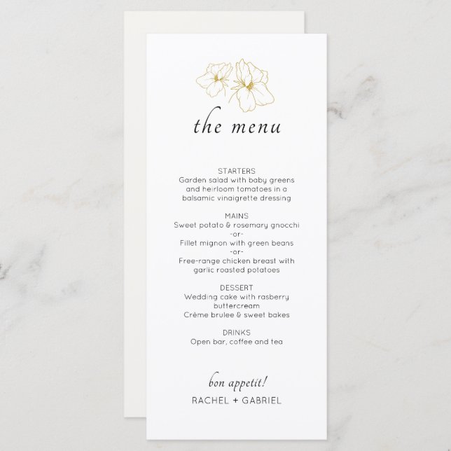 Ivory & White | Chic Faux Gold Floral Wedding  Menu (Front/Back)