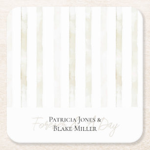 Ivory White Cream Stripes Wedding Square Paper Coaster