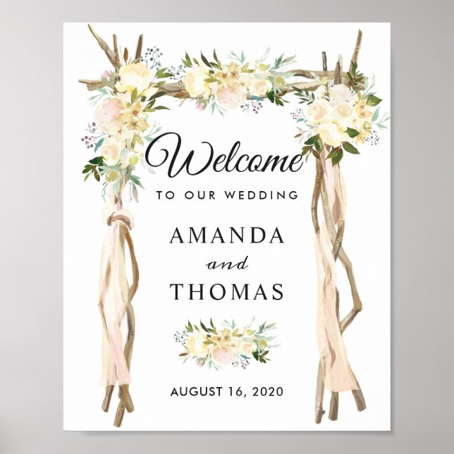 Ivory White Floral Arbor Arch Wedding Welcome Sign (Front)