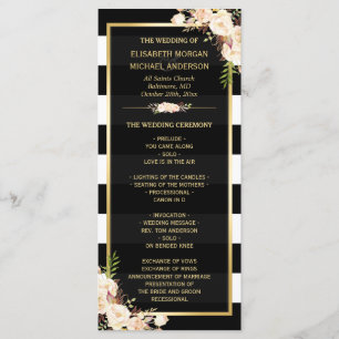 Ivory White Floral B&W Striped Wedding Program Programme