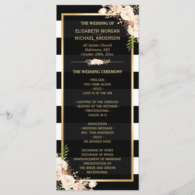 Ivory White Floral B&W Striped Wedding Program Programme (Front)