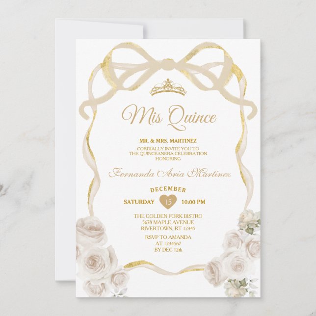Ivory White Floral Bow Ribbon Gold Mis Quince Invitation (Front)
