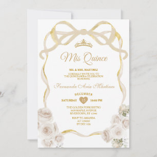 Ivory White Floral Bow Ribbon Gold Mis Quince Invitation