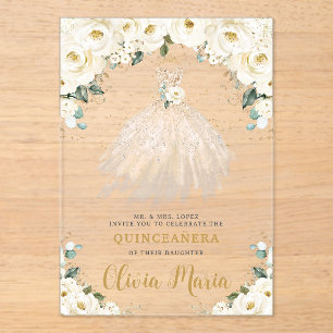 Ivory White Floral Champagne Dress Quinceañera Acrylic Invitations