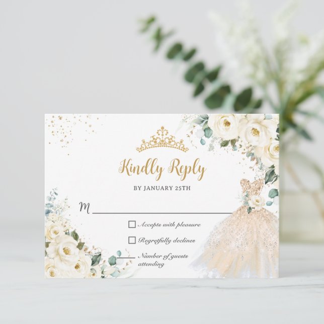 Ivory White Floral Champagne Dress Quinceañera XV RSVP Card (Standing Front)