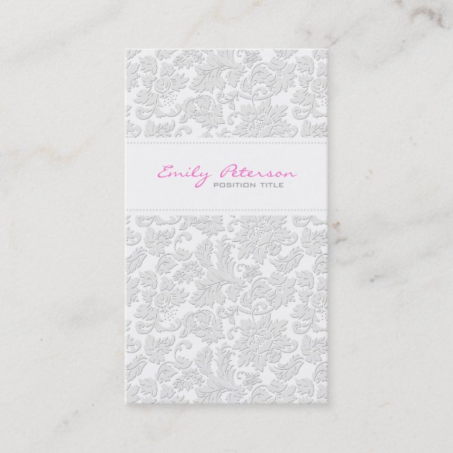 Ivory White Floral Damasks Embossed Effect 2 Business Card (Front)
