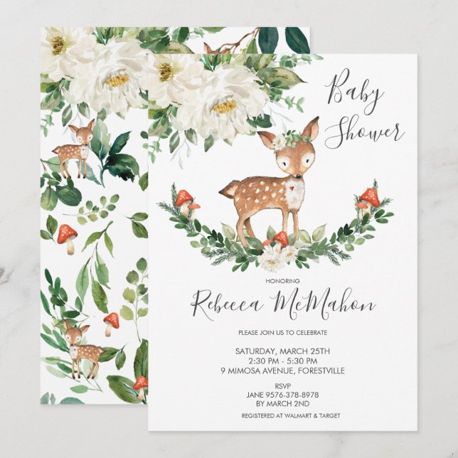 Ivory White Floral Deer Fawn Woodland Baby Shower Invitation (Front/Back)