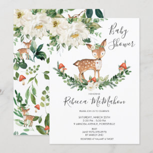Ivory White Floral Deer Fawn Woodland Baby Shower Invitation