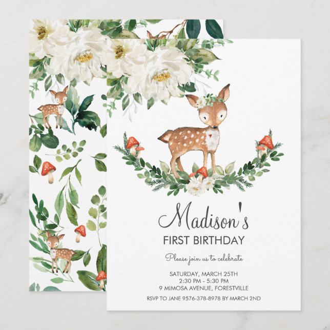 Ivory White Floral Deer Fawn Woodland Birthday Invitation (Front/Back)